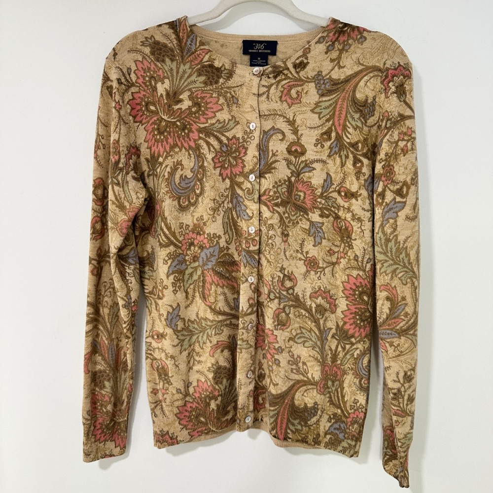Brooks‎ Brothers Womens Cardigan Merino Wool Floral Paisley Button Up Tan Size M